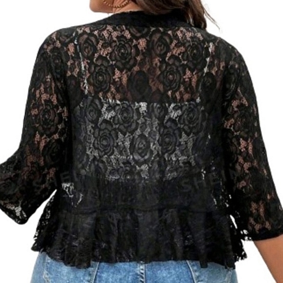 PRETTY ☆ MIDNITE BLACK ☆ RUFFLED ☆ FLORAL LACE  SHRUG ☆ NWT - Picture 6 of 8